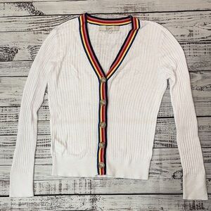 LOFT White Ribbed Cardigan with Colorful Trim Lightweight Sz. M